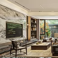 Modern Living And Dining Room Interior With Wooden Furniture Large Windows And Chandelier