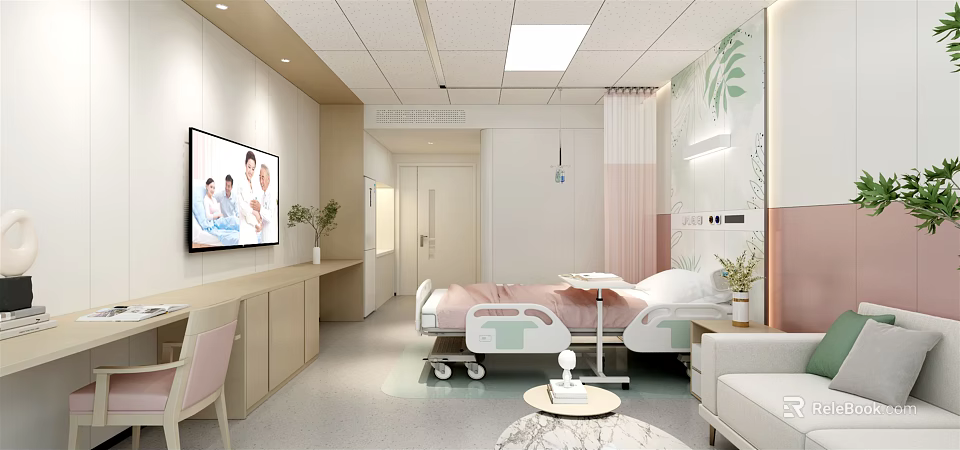 Hospital Outpatient Ward Interior With Comfortable Bed Medical TV Display And Green Plants 3d model 