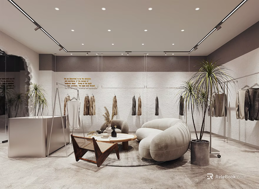 Modern Clothing Store Interior With Hanging Clothes Sofa Seating And Potted Plants 3d model 