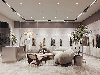 Modern Clothing Store Interior With Hanging Clothes Sofa Seating And Potted Plants 3d model