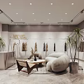 Modern Clothing Store Interior With Hanging Clothes Sofa Seating And Potted Plants