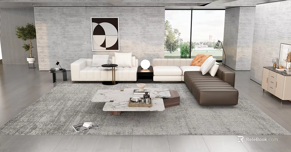 Modern Living Room Interior Design With White Sofa Grey Rug Coffee Table And Wall Art 3d model 