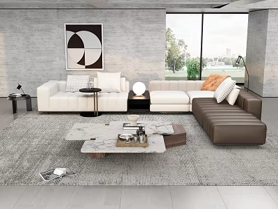 Modern Living Room Interior Design With White Sofa Grey Rug Coffee Table And Wall Art 3d model