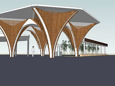 Modern Architectural Structure With Wooden Arched Canopy And Surrounding Trees 3d model