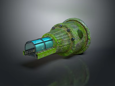 Cartoon Scene With Green Moss Covered Mechanical Device Featuring Glass Window And Metal Parts 3d model