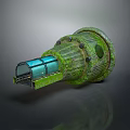 Cartoon Scene With Green Moss Covered Mechanical Device Featuring Glass Window And Metal Parts