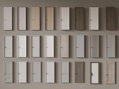 Various Styles And Different Colors Of Wooden Doors Arranged In Rows 3d model