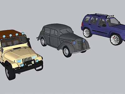 Different Types of Cars Featuring Vintage Sedan Off Road Jeep and Blue SUV 3d model