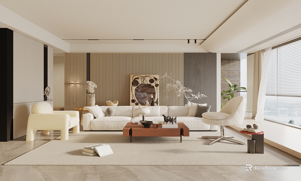 Modern Dining Living Room Open Concept With White Sofa Beige Walls And Brown Coffee Table 3d model 