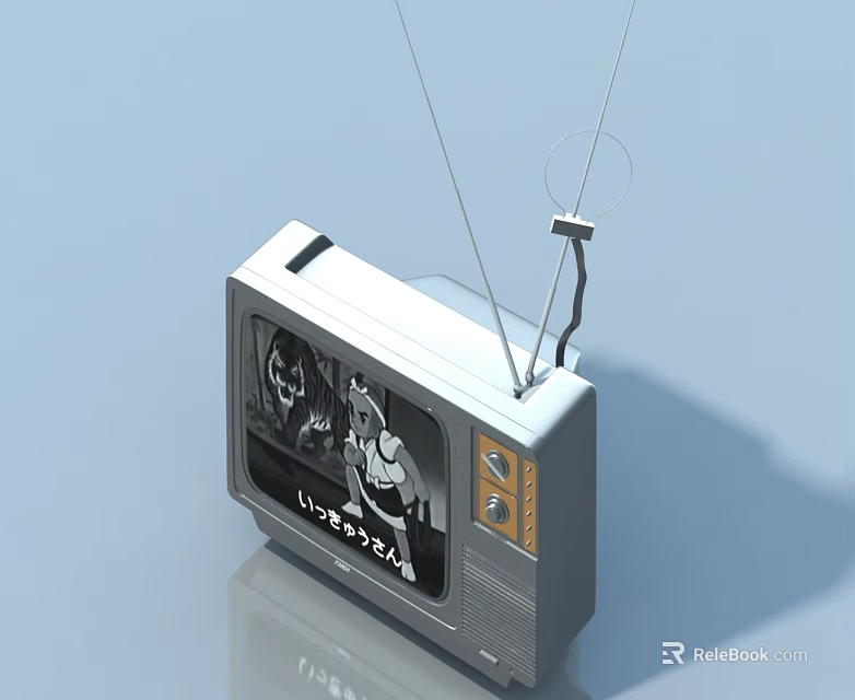 Vintage Retro Television With Antenna Black And White Screen Display Japanese Text 3d model 