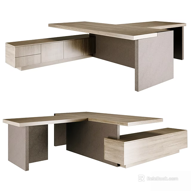 Modern L shaped Office Desk with Wooden Countertop Drawers and Storage Cabinets 3d model 
