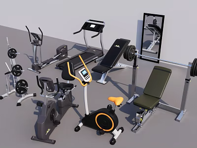Essential Home Gym Sports Equipment Including Treadmill Dumbbells Exercise Bike And Bench Press 3d model