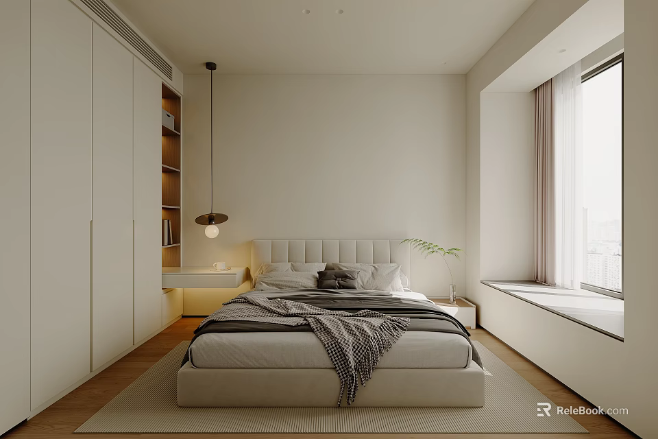 Minimalist Modern Bedroom Interior With Platform Bed Pendant Light And Floor to Ceiling Window 3d model 