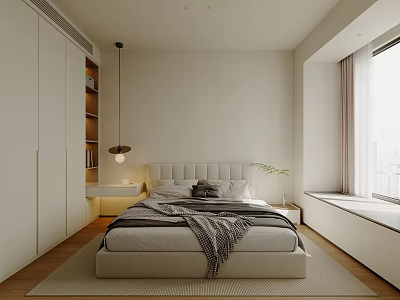 Minimalist Modern Bedroom Interior With Platform Bed Pendant Light And Floor to Ceiling Window 3d model