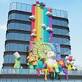 Colorful Art Installation On High Rise Building Facade With Rainbow Clouds Ferris Wheel Cartoon Bear And Flowers