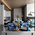 Modern Hotel Lobby Interior With Blue Sofas Decorative Plants And Floor Lamp 3d model