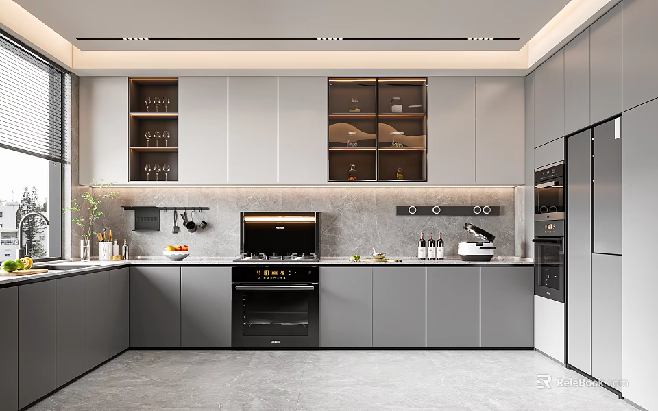 Modern Kitchen With Gray Cabinets Black Oven Marble Countertops Glass Door Cabinets And Pendant Lights 3d model 