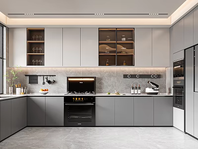Modern Kitchen With Gray Cabinets Black Oven Marble Countertops Glass Door Cabinets And Pendant Lights 3d model