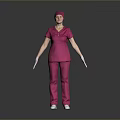 Woman in pink medical uniform with cap and gloves standing on gray background