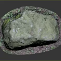 Natural Green Stone with Wooden Base Featuring Decorative Plants and Mossy Surface Texture