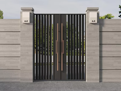 Modern Black Exterior Gate With Vertical Slats Design Brass Handles And Gray Side Walls 3d model