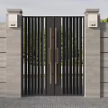 Modern Black Exterior Gate With Vertical Slats Design Brass Handles And Gray Side Walls