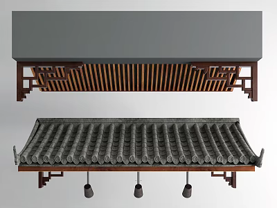 Traditional Chinese Architectural Components With Gray Tile Roof And Wooden Grille Design 3d model