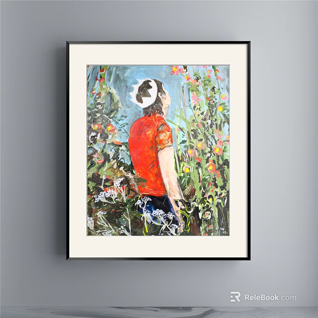 Portrait Art of Man in Red Shirt White Hat with Colorful Flowers Green Plants 3d model 