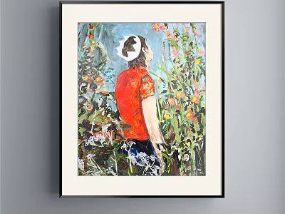 Portrait Art of Man in Red Shirt White Hat with Colorful Flowers Green Plants 3d model