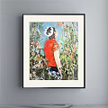 Portrait Art of Man in Red Shirt White Hat with Colorful Flowers Green Plants