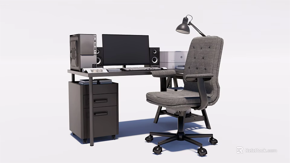 Modern Office Desk with Computer Monitor Speakers Desk Lamp and Comfortable Office Chair 3d model 
