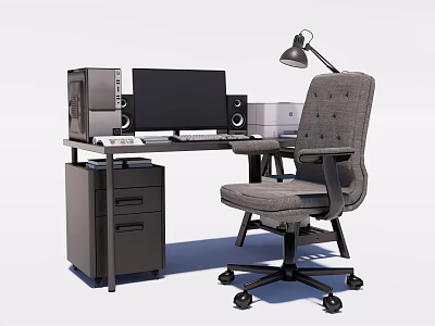 Modern Office Desk with Computer Monitor Speakers Desk Lamp and Comfortable Office Chair 3d model