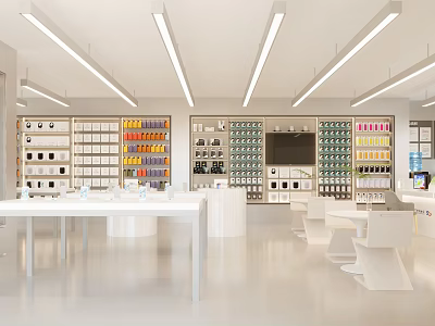 Modern Specialty Store Interior With White Shelves Product Displays And Bright Lighting 3d model