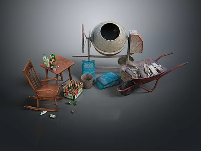 Miscellaneous Items Including Cement Mixer Wheelbarrow Wooden Chair Table Beer Bottles And Cardboard Box 3d model