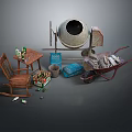 Miscellaneous Items Including Cement Mixer Wheelbarrow Wooden Chair Table Beer Bottles And Cardboard Box