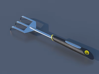 Durable Metal Three Pronged Fork Tool With Black Handle And Yellow Accents 3d model