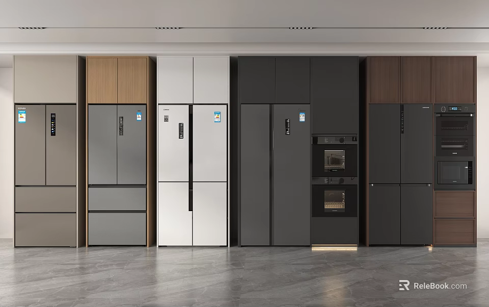 Modern Kitchen Interior With Various Style Refrigerators And Freezers In Different Colors 3d model