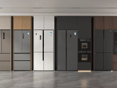 Modern Kitchen Interior With Various Style Refrigerators And Freezers In Different Colors 3d model