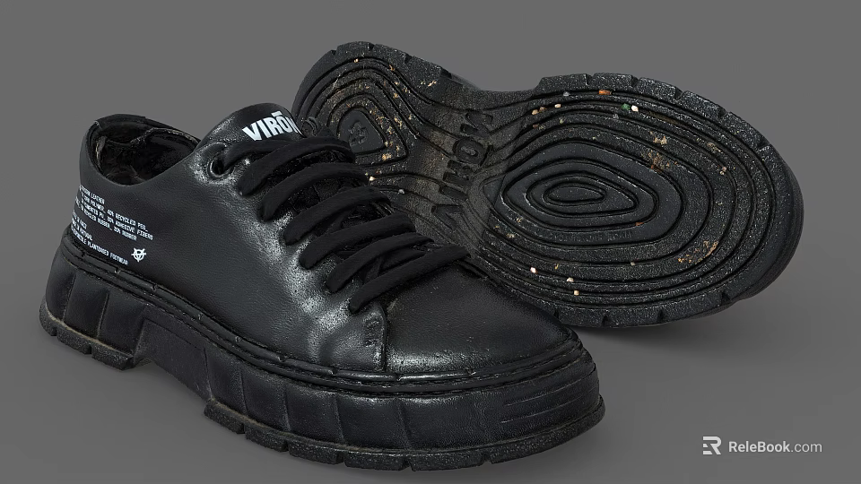 Black Lace Up Leather VIBRAM Shoes With Spiral Tread And Grainy Sole Design 3d model 