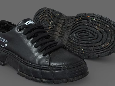 Black Lace Up Leather VIBRAM Shoes With Spiral Tread And Grainy Sole Design 3d model