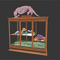 Wooden Display Case With Glass Doors Holding Skeleton And Specimens On Shelves
