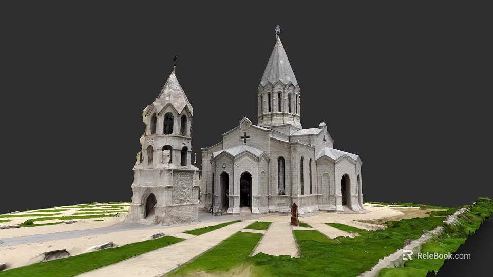 European Architecture Church Building With Spires Arched Doors Windows And Green Grass Pathways 3d model 