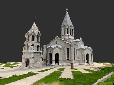 European Architecture Church Building With Spires Arched Doors Windows And Green Grass Pathways 3d model