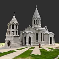 European Architecture Church Building With Spires Arched Doors Windows And Green Grass Pathways