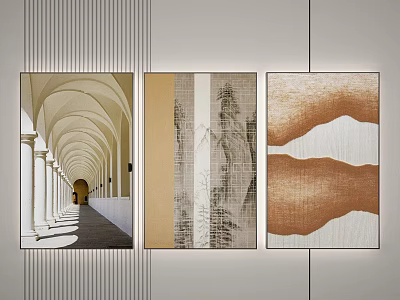 Three Modern Wall Paintings Featuring Architectural Hallway And Abstract Textures 3d model