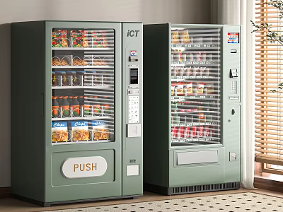 Green Glass Door Refrigerators With Food Drinks Inside PUSH Button FCT Logo Near Window Blinds 3d model