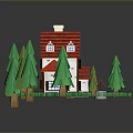 Modern Scene Featuring Red Roofed White House Small Red Cottage Pine Trees Grass And Path