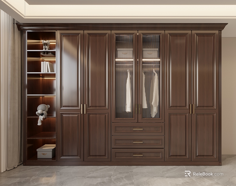 Dark Brown Wooden Wardrobe with Glass Doors Open Shelves and Hanging Clothes 3d model 