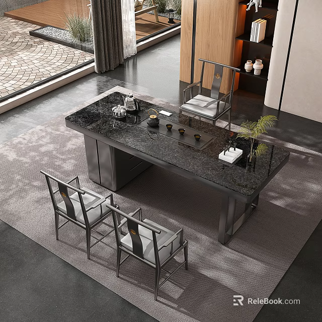 Elegant Tea Room Interior Design With Black Table Tea Sets Chairs And Natural Light 3d model