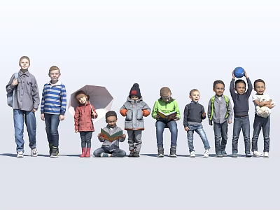 Group of Children Standing Squatting with Schoolbag Umbrella Toy and Book in Colorful Clothes 3d model